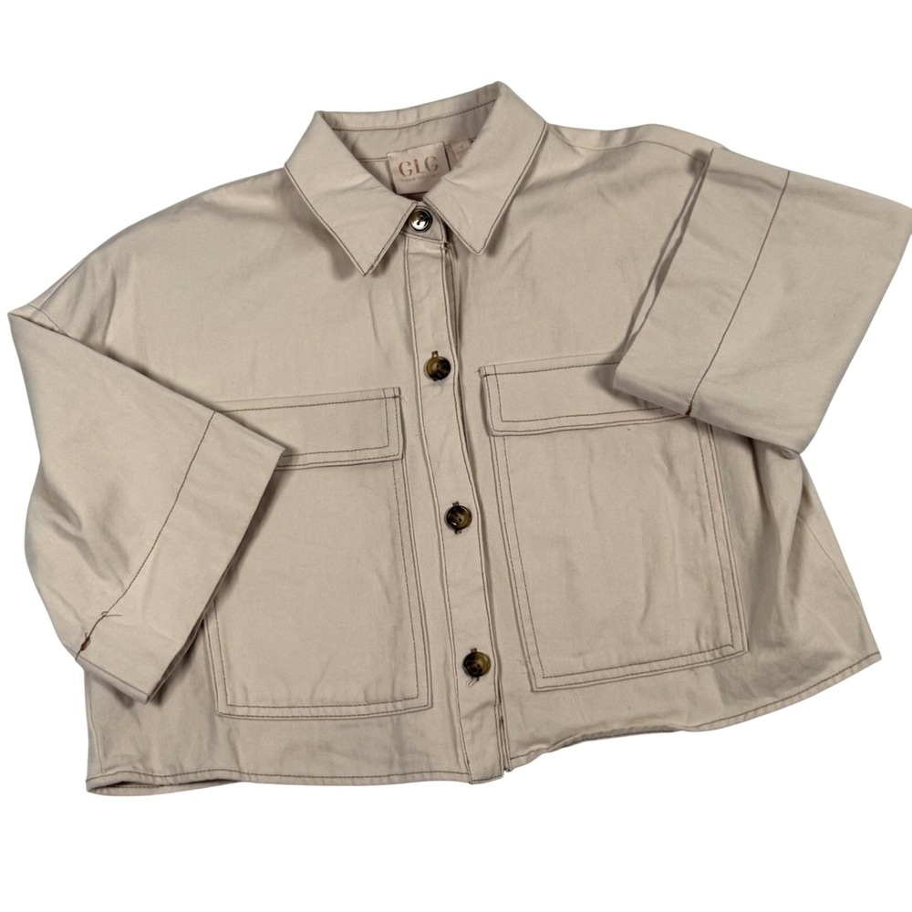 Good Luck Gem Shirt Small Beige Cropped Button Up Utility Pockets Minimalist